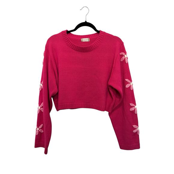 Altar'd State Pink Crew Neck Cropped Pullover Sweater w/ Flowers sz L New - Picture 1 of 7